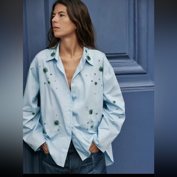 Zara Tops - Zara Sky Blue Poplin/Cotton Button-Up Shirt | Green Rhinestones | L | NWT